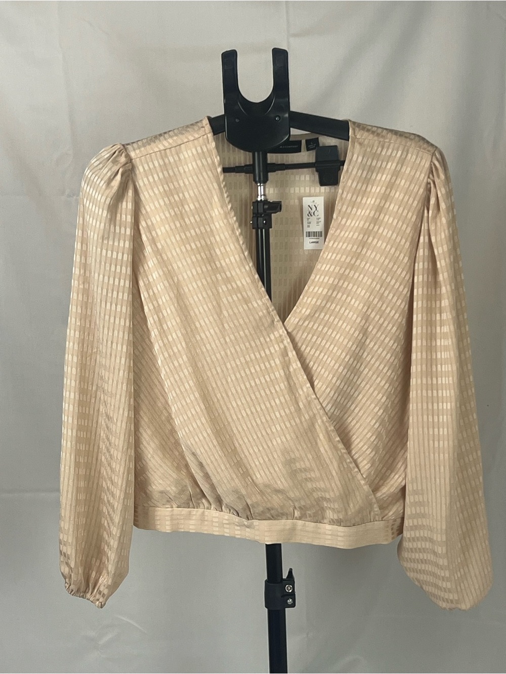 New York & Company Beige Wrap-Front Puff-Sleeve Blouse